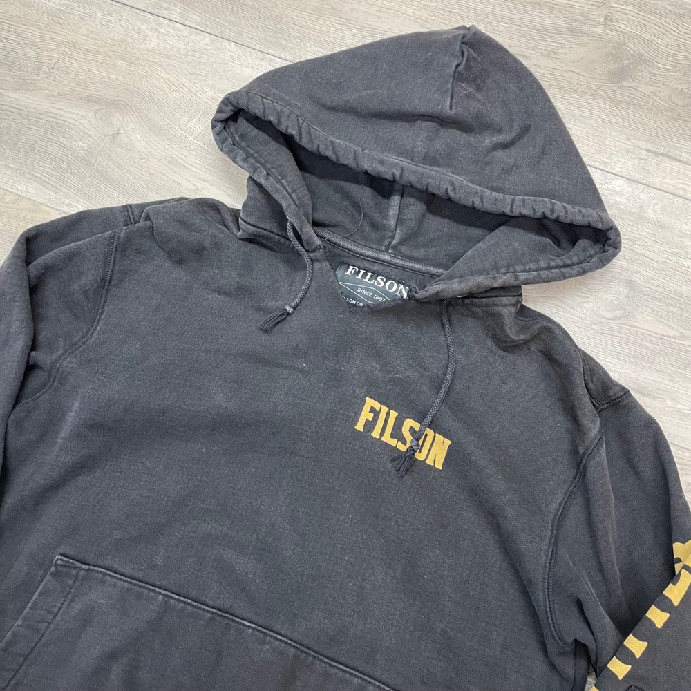 Filson Hoodie Mens Medium Black Graphic Logo Pullover Sweatshirt Made in USA
